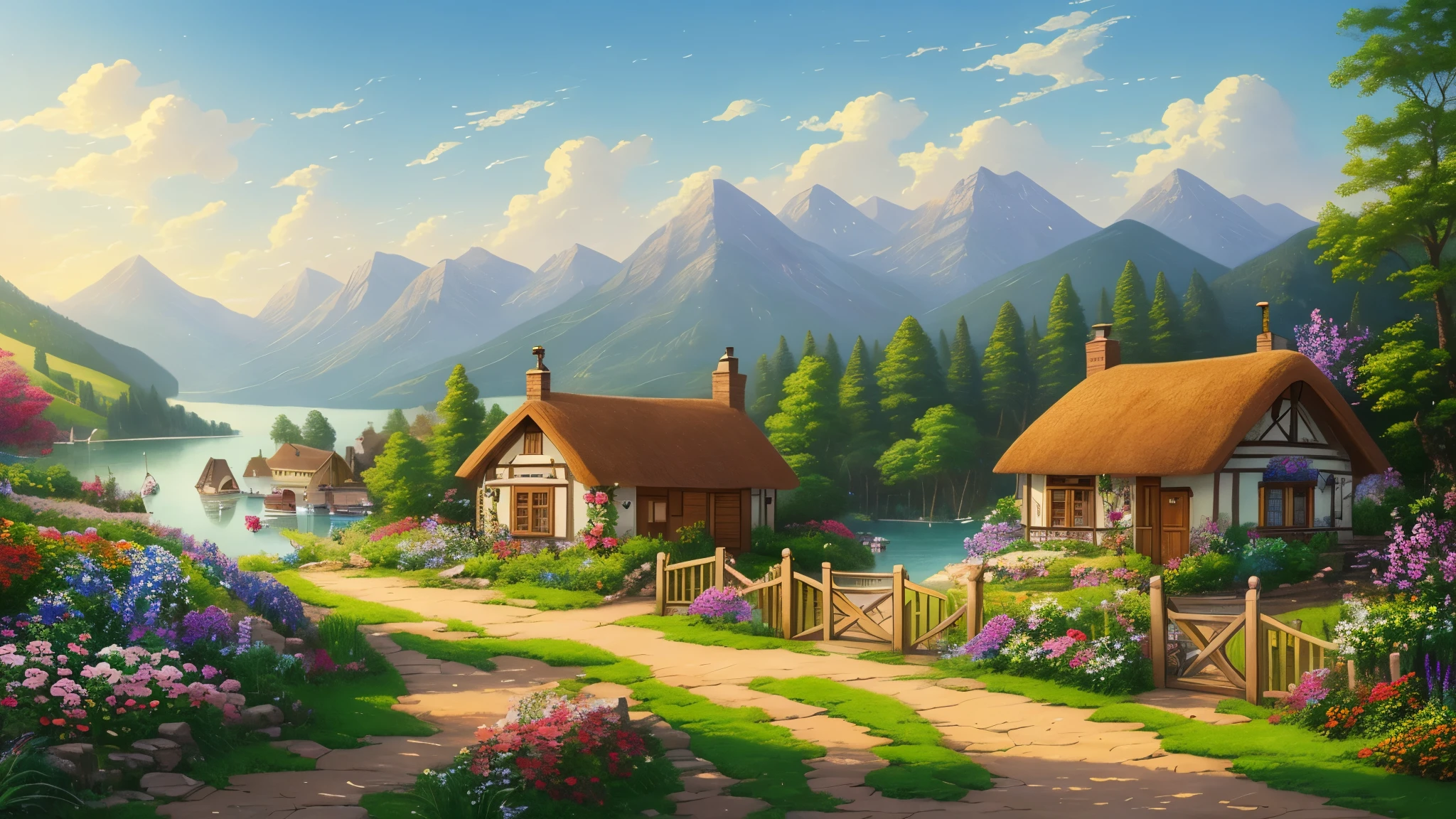 painting of a cottage, flowers beside of fence, fence along the road,  mountain landscape with a lake and a boat, illustration matte painting,  inspired by Thomas Kinkade, symmetric matte painting, detailed scenery , style raw, 8 k ultra detailed