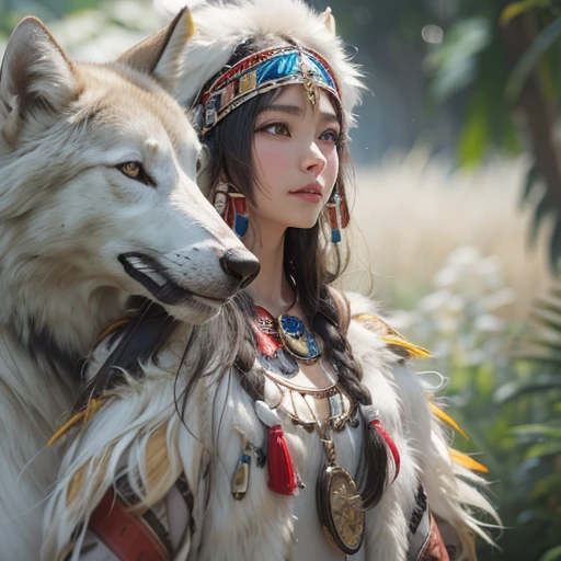 Shirakami-Sanchi、Hair flow、 ((highest quality、masterpiece、8k、Best image quality、Ultra-high resolution、Award-winning works)、(Accurate ???????:1.1)、(Look at me and smile:1.1)、Shining fair skin with Ultra-high resolution、The most detailed face、Ultra-high resolution detailed face、Ultra-high resolutionの髪の毛、(Ultra-high resolutionの煌めく瞳:1.1)、Beautiful face drawn in every detail、(Blurred Background:1.1)、Native American white costume, American Indian Clothing, ????? to ?????, tattoo、A real giant condor next to you。Observe the white wolf