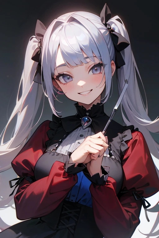 (masterpiece, highest quality, High resolution: 1.2), 1 girl, alone, Twin tails, Grey Eyes, Upper Body, Gothic Lolita、Red and blue clothes、Silver Hair、Smiling with teeth showing、