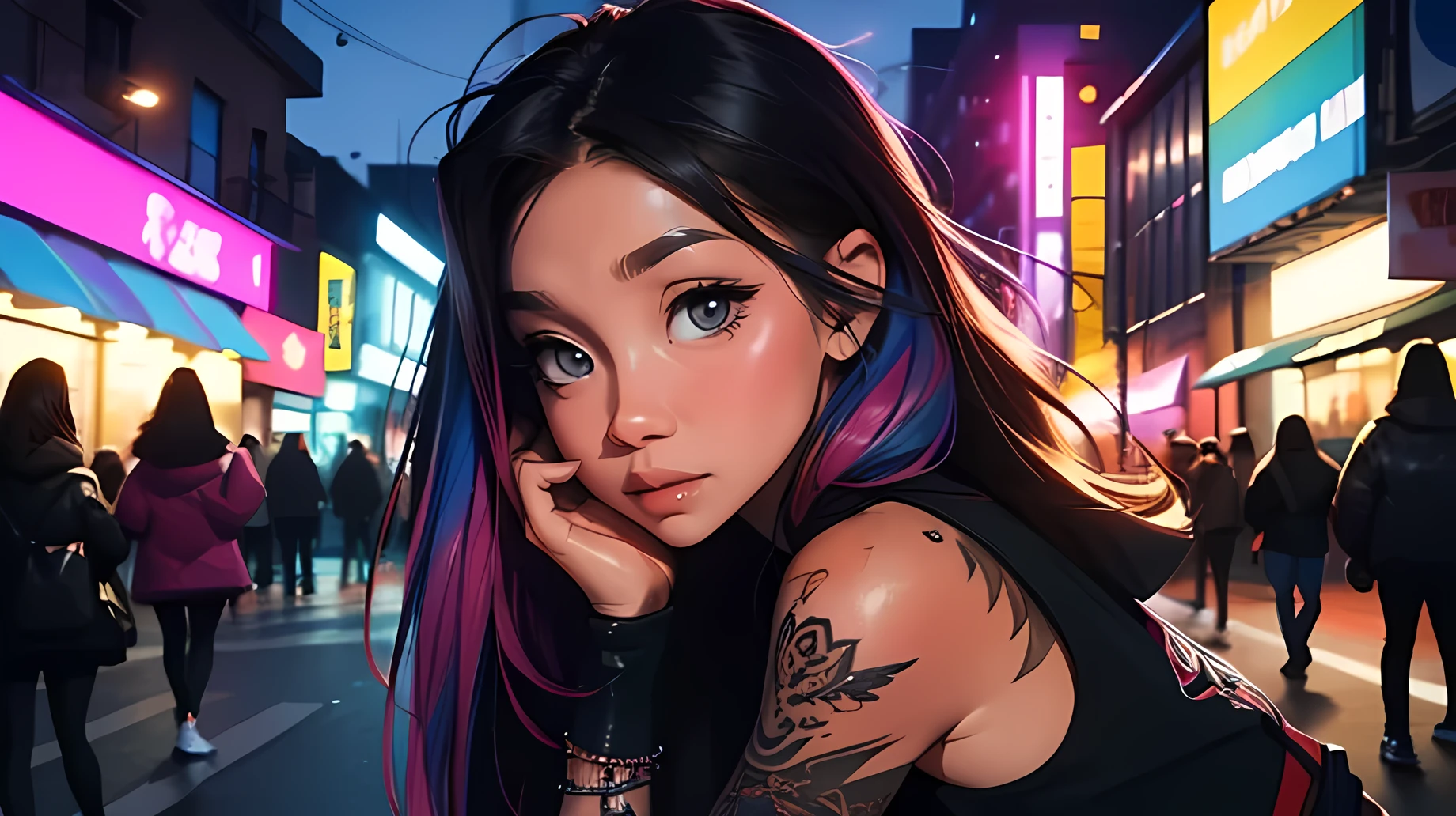 Tattoos, makeup, Night landscape, passing by, Beautiful girl with, UHD Portrait, (High quality) (ultra detail) Looking at the viewer in hip-hop style street clothes; different, multi-colored, hair in several colors 🌈.