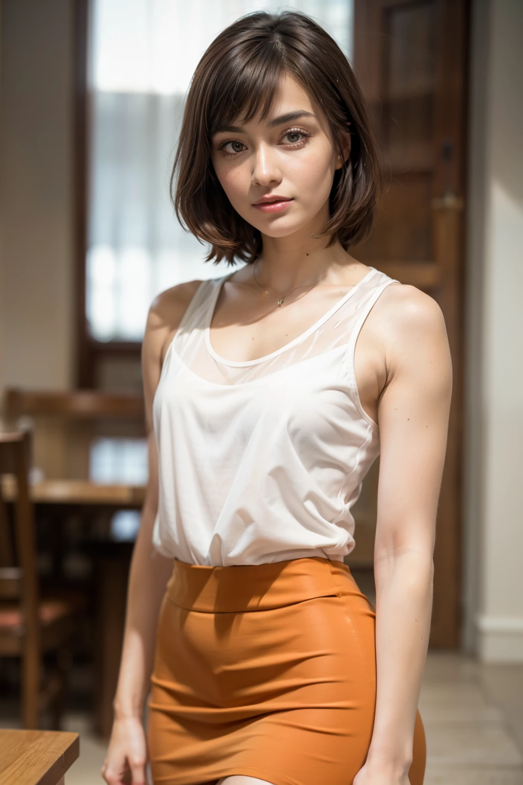 Realistic, Realistic, Tabletop, highest quality, RAW Photos, Face Focus, elegant, (One Woman), 28 years old, White see-through tank top, Orange tight midi skirt, (Brown Hair), (bangs), Are standing, (Shapely bust), (Looking at the camera), Beautiful Face, Perfect Anatomy, Perfect balance, Detailed human body