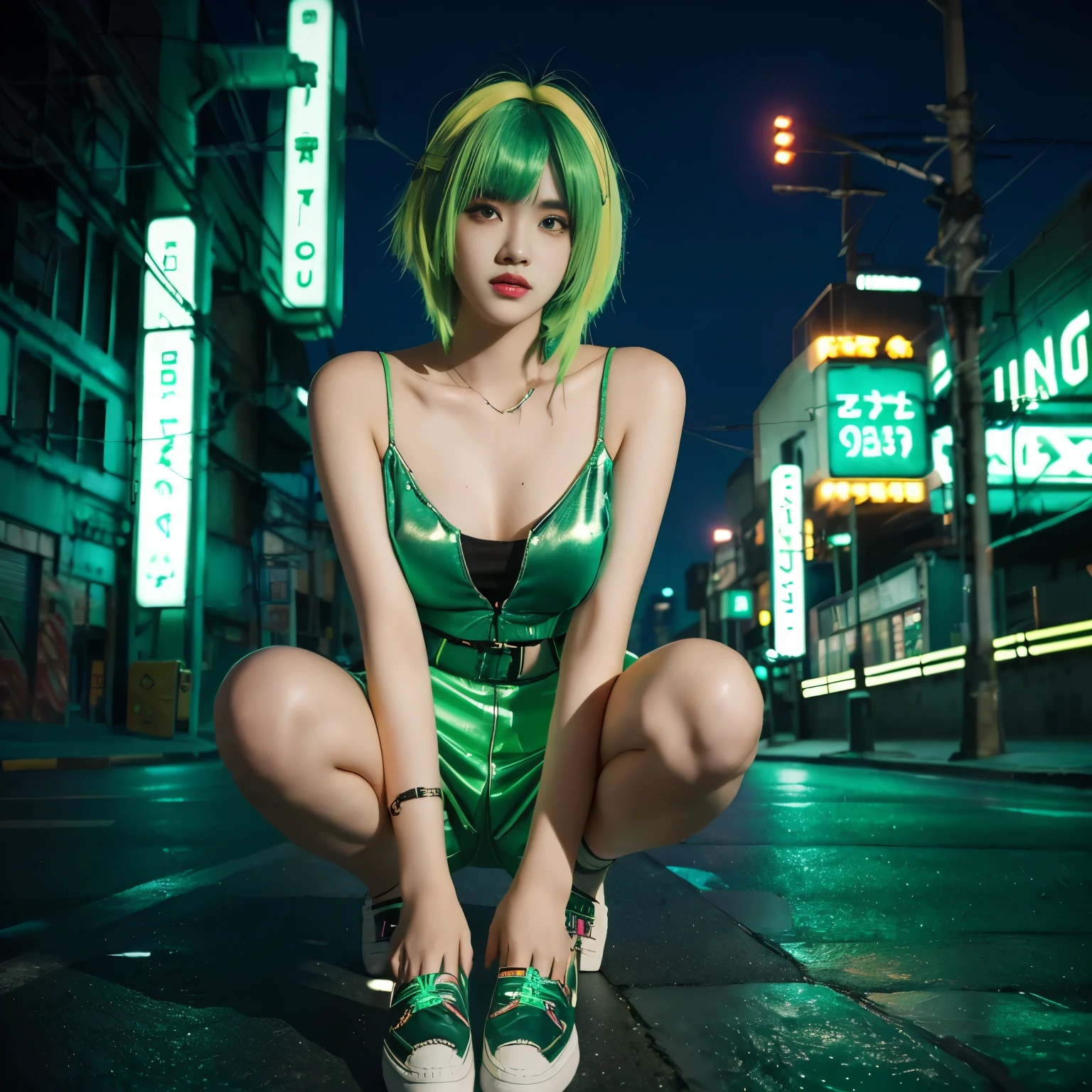 neon city, medium hair, cyber punk, 16 years old, green hair, Beautiful collarbone, loafers