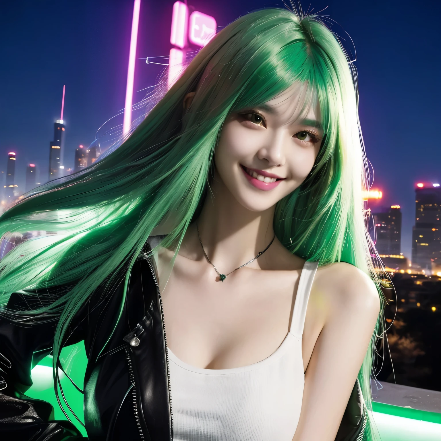neon city, long hair, cyber punk, school girl, green hair, Beautiful collarbone, smile