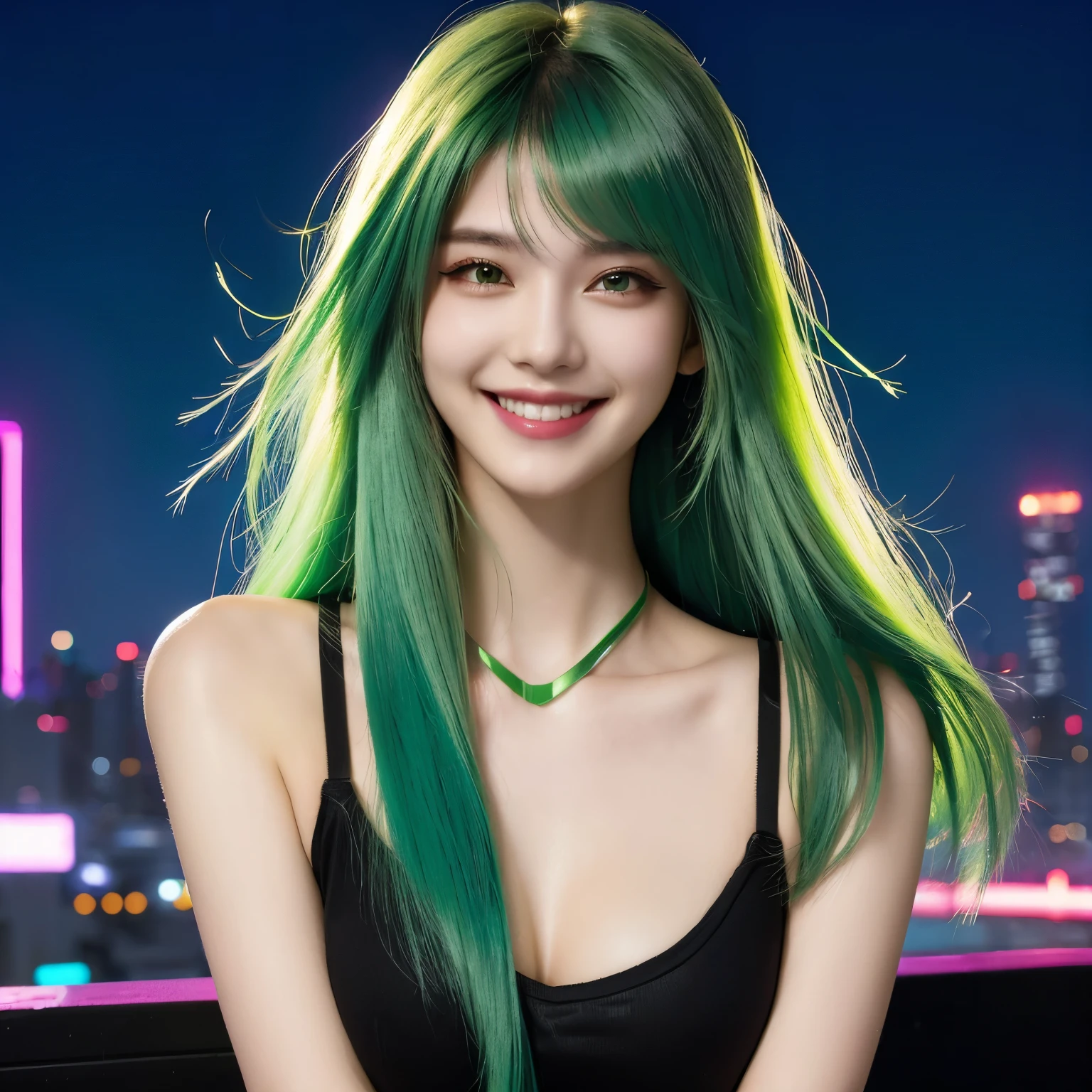 neon city, long hair, cyber punk, school girl, green hair, Beautiful collarbone, smile