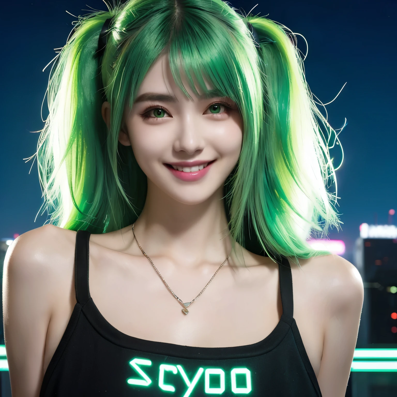 neon city, long hair, cyber punk, school girl, green hair, Beautiful collarbone, smile
