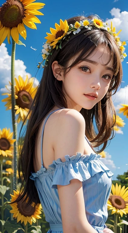 Flowers and blue sky、Summer sky and beautiful sunflowers、Landscape photo of a vast sunflower field、(View of the sky and wilderness from below)、Girl looking up at the blue sky、Draw a big picture of the sky、Tabletop、highest quality、perfect pretty smile face, Perfect Face, Five Fingers, Two Arms,