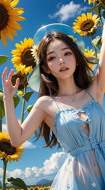 Flowers and blue sky、Summer sky and beautiful sunflowers、Landscape photo of a vast sunflower field、(View of the sky and wilderness from below)、Girl looking up at the blue sky、Draw a big picture of the sky、Tabletop、highest quality、perfect pretty smile face, Perfect Face, Five Fingers, Two Arms,
