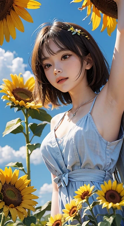 Flowers and blue sky、Summer sky and beautiful sunflowers、Landscape photo of a vast sunflower field、(View of the sky and wilderness from below)、Girl looking up at the blue sky、Draw a big picture of the sky、Tabletop、highest quality、perfect pretty smile face, Perfect Face, Five Fingers, Two Arms,