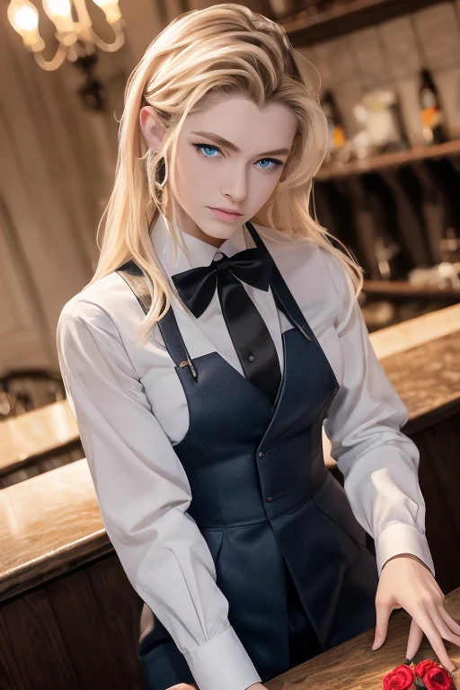 masterpiece, highest quality, Very detailed, 16k,  Ultra-high resolution, Cowboy Shot、Detailed face、Perfect Fingers、20-year-old woman、a beautiful woman dressed as a man 、blue eyes、Slanted Eyes、blonde、short hair、Black tuxedo、Red bow tie、Black slacks、bar counter、Take a seat、suit thug