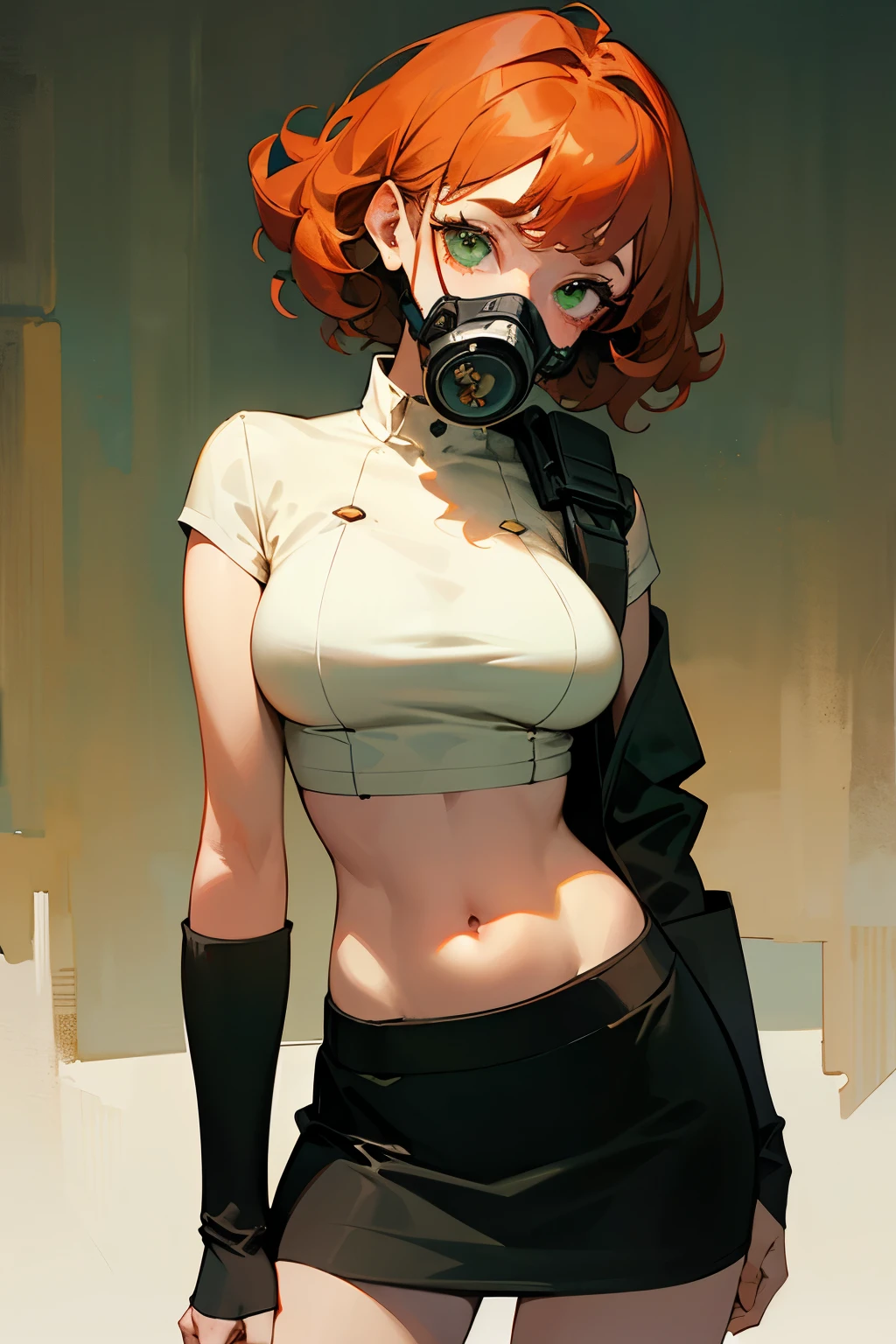 Girl, short curly ginger hair, green eyes, freckles wearing a gas mask, big breasts, exposed stomach, short skirt, (masterpiece:1.2, best quality), noir, dark desolate, (masterpiece:1.2, best quality), 1girl, 18yo, curly ginger hair, freckles, wearing gas mask, noir, dark desolate, anime minimalist, watercolor, black skirt