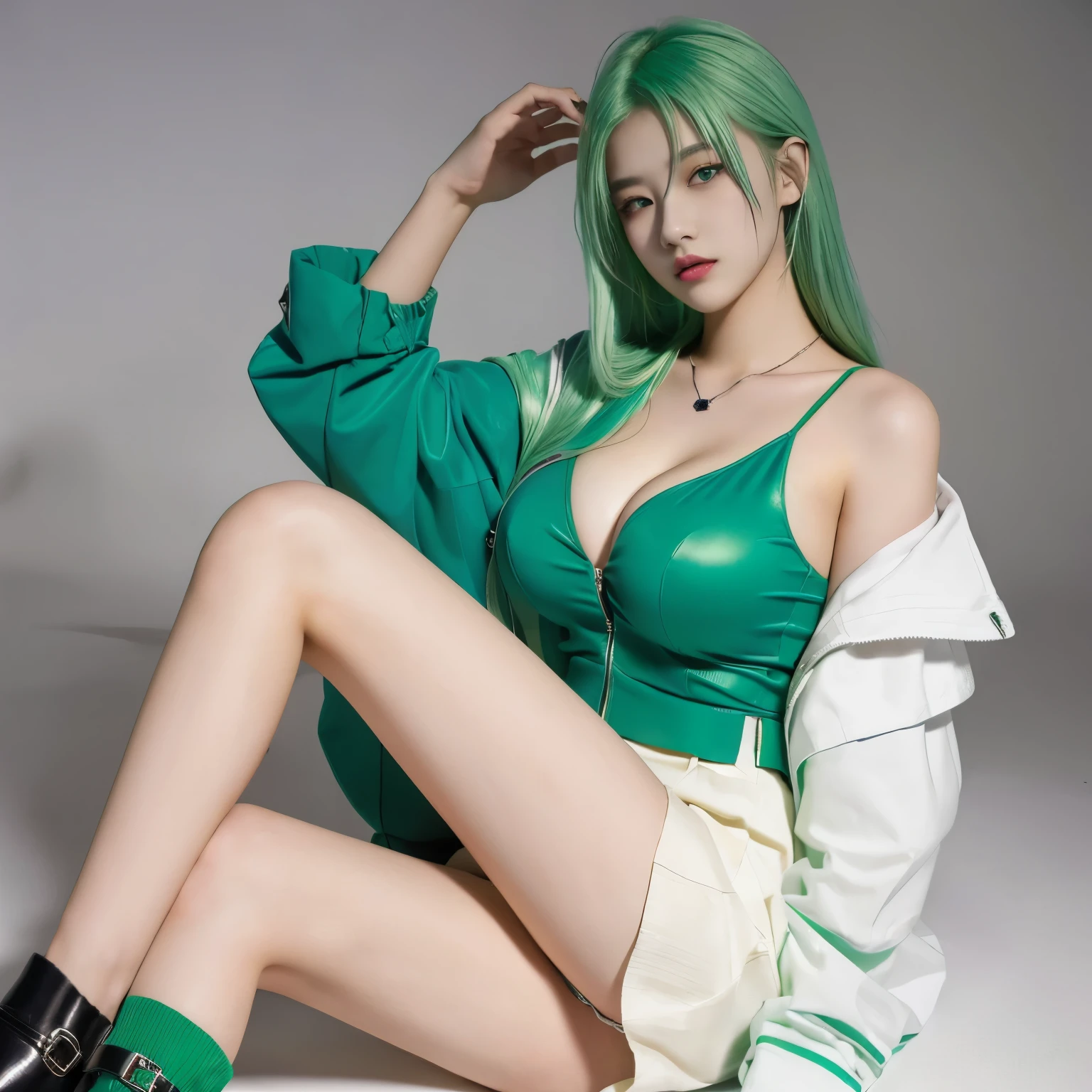 cyber punk, high school girl, 16 years old, green hair, Beautiful collarbone, loafers, colossal tits,