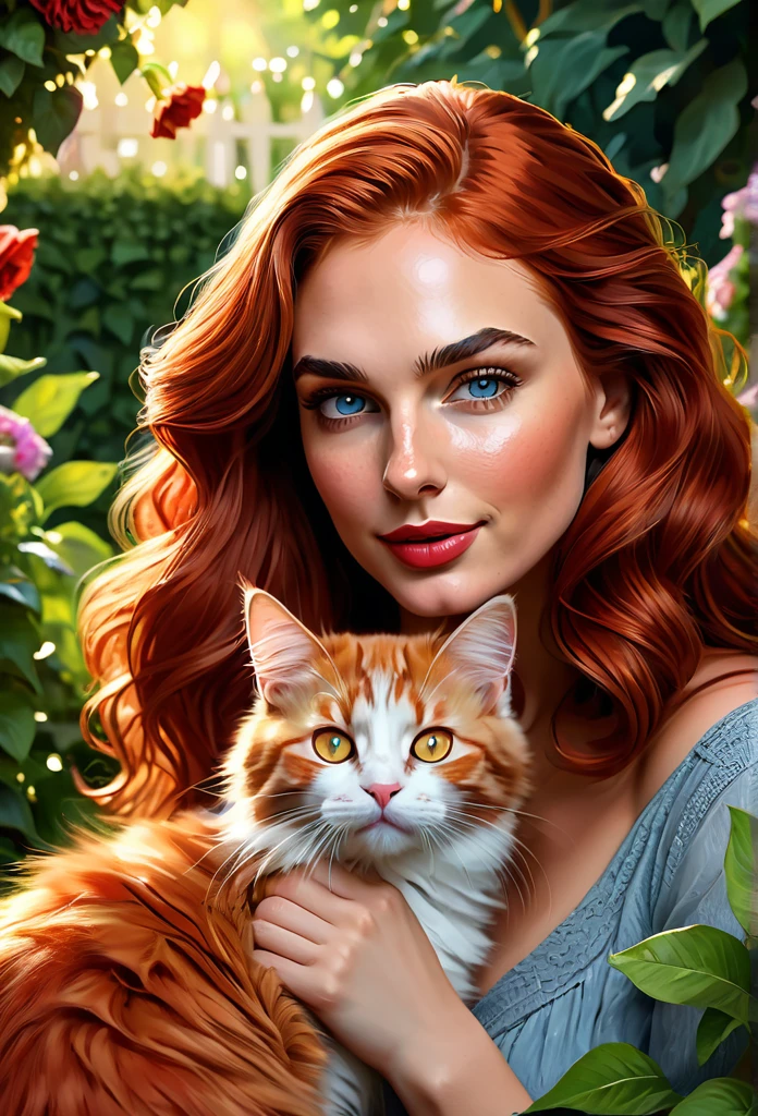 red-haired [Wonder Woman:Gal Gadot:0.1] with a full sized  red mainecoon cat, (best quality, masterpieces, ultra-detailed), beautiful detailed eyes, beautiful detailed lips, longeyelashes, vibrant colors, illustrative style, oil painting texture, flowing red hair, cozy garden background, soft sunlight, lively expression, joyful interaction with the cat, dynamic pose, realistic rendering.