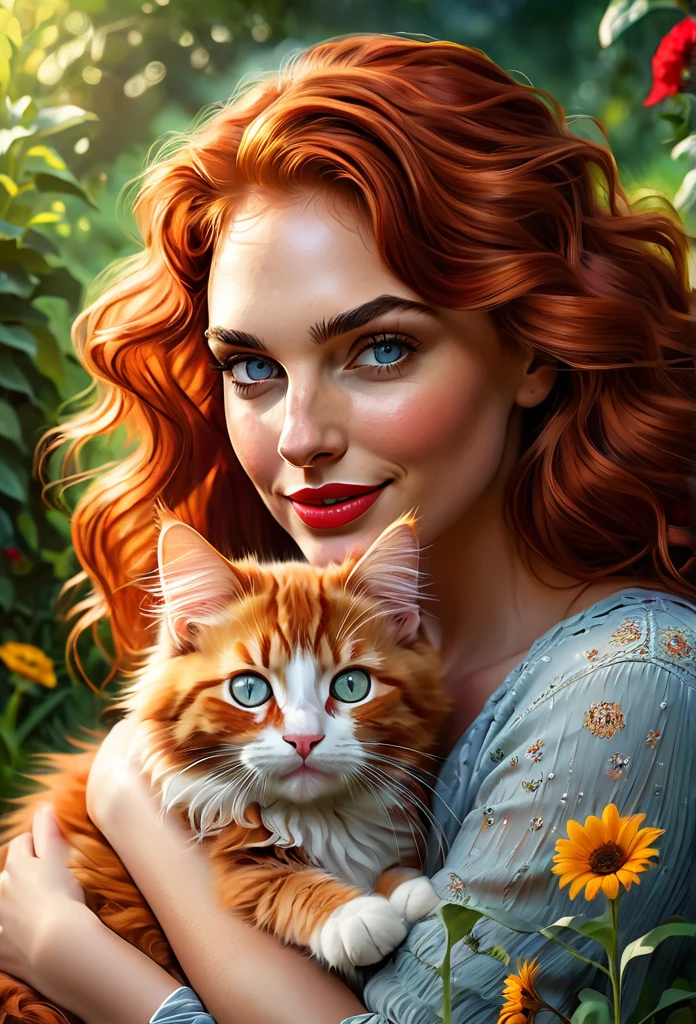 red-haired [Wonder Woman:Gal Gadot:0.1] with a full sized  red mainecoon cat, (best quality, masterpieces, ultra-detailed), beautiful detailed eyes, beautiful detailed lips, longeyelashes, vibrant colors, illustrative style, oil painting texture, flowing red hair, cozy garden background, soft sunlight, lively expression, joyful interaction with the cat, dynamic pose, realistic rendering.