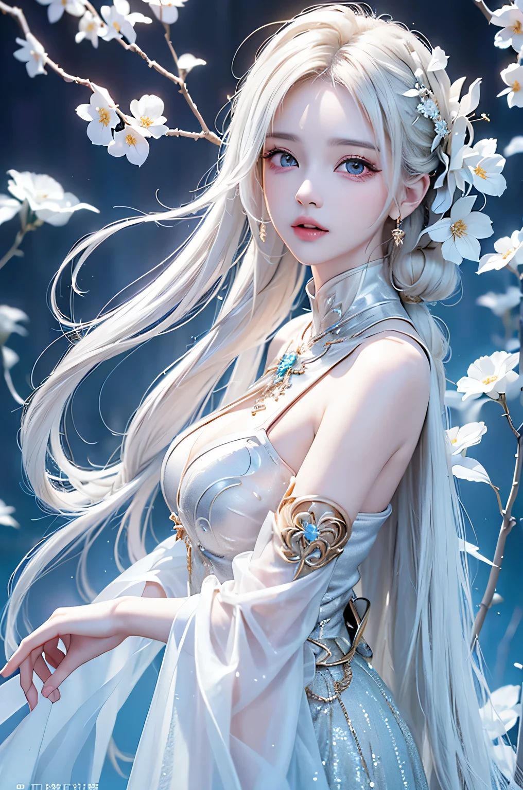 ((From the waist up))((masterpiece:1.5、8k、Portraiture、Photorealistic and very detailed CG、Very detailed、Particle Effects、Dynamic Effects、Written boundary depth、Cinematic Light、Lens flare、Ray Tracing、Tabletop、Realistic:1.4、超A high resolution:1.2、Realistic、Realistic))((alone、,Woman in turtleneck dress:1.4、Model-like pose:、Side bust、Ample breasts、Detailed face、brightexpression、young, bright, Whiter skin、Best Looks、Ultimate beauty、White hair with shiny highlights:1.8、bright and shiny hair,、Super long, Silky straight hair、Hair swaying in the wind))(Wonderful transparent flower々Surrounded by、White Background、Great background、Thin petals fluttering down)
