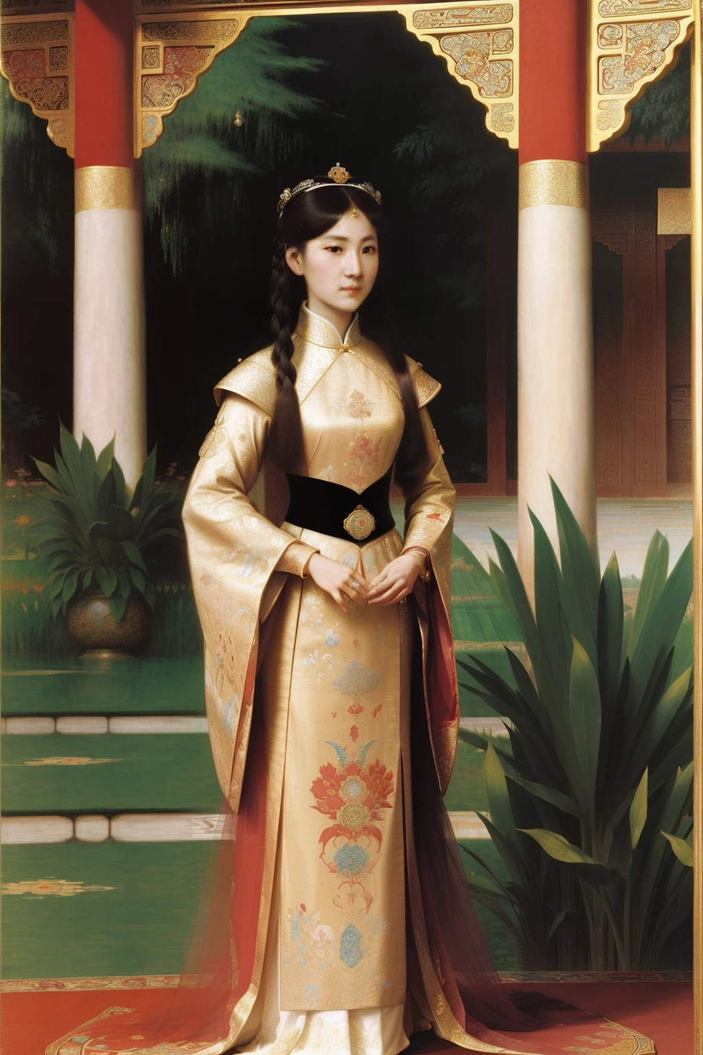 China, 1491. A young ((Zhang Empress)), elegant, majestic, in a bright and clear luxurious palace, mosaic, glass, jewels, ((((chinese royal clothings from the 1490s)))), ((hairstyle of the 1490s)), ((colorful, John William Waterhouse, Monet))