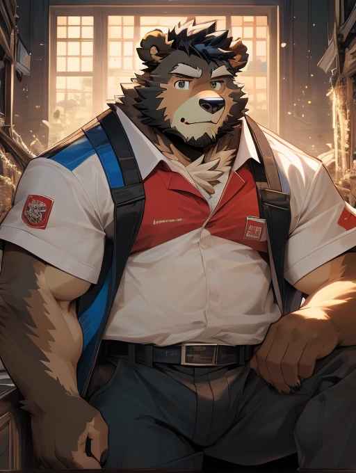 (Super detailed), Sharp focus,hairy, Black and white fur), black beard, Black Hair,human nature (Brown Bear:1.3), male, Middle-aged and elderly, Brown body, White belly, Muscular ,(Crotch bulge),Super detailed的脸,(dishevelled:1.4),(best quality), (masterpiece), High Detail, high quality,High resolution,16K,(Brown Bear:1.3),(Brown fur:1.3),Yellow clothes for food delivery,(Deliveryman)