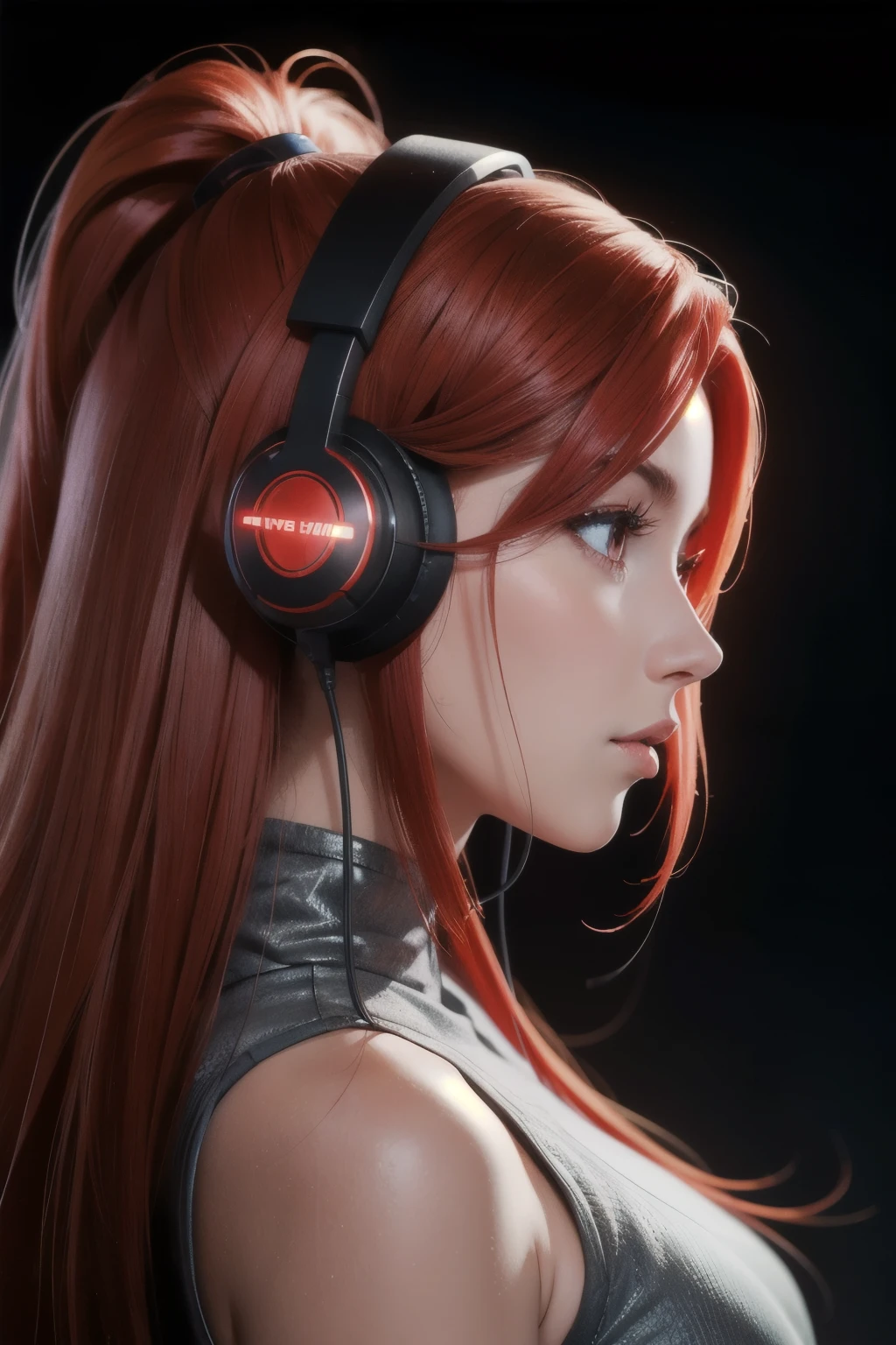 girl with long red hair, red eyes, futuristic vibes,  side profile view, headphones, 8k, high quality, simple background, glowing eyes, nice pose