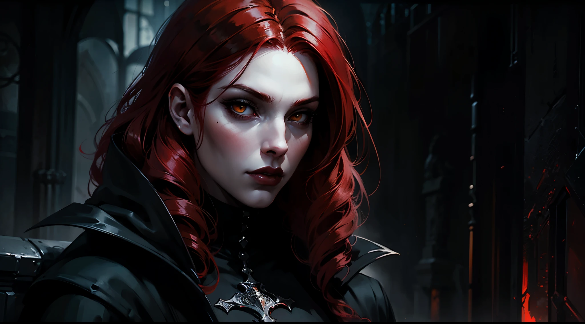 Woman with red hair and yellow eyes in black outfit, Vampire Girl, Dark, But detailed digital art, dark fantasy style art, Portrait of a vampire, androgynous vampire, Dark art style, style of charlie bowater, gothic horror vibes, tom bagshaw artstyle, gothic art style, dark fantasy portrait, neoartcore and charlie bowater