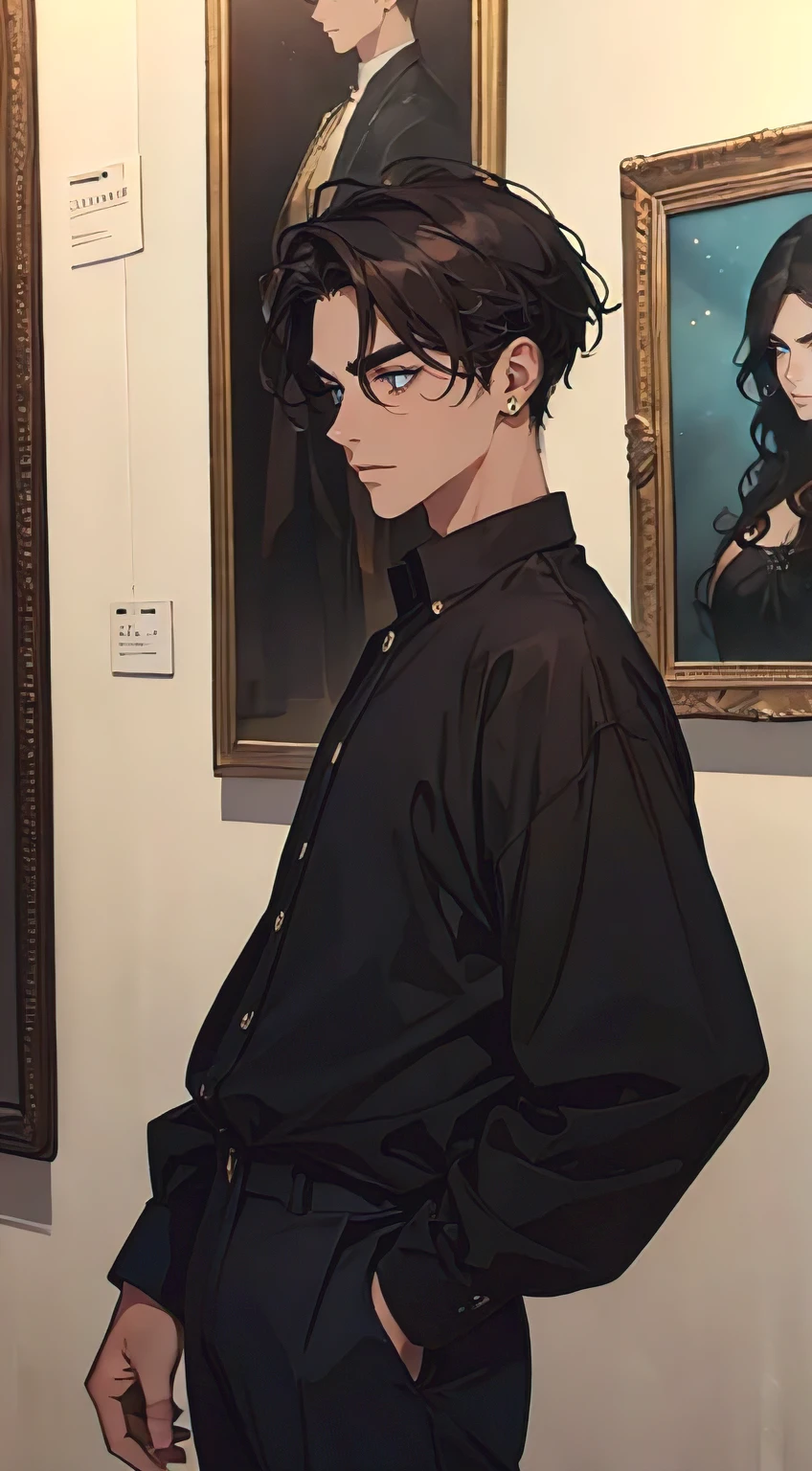 ((A young man with dark hair and an earring is standing in an art gallery, viewing paintings. He is wearing a light-colored long-sleeve shirt and dark pants. The gallery is dimly lit, and several framed paintings are displayed on the walls around him. The atmosphere is serene and contemplative.)), taken in the early 1960s, gotham, alejandro, he looks very sophisticated, (((left-side swept black medium length hair))), (dark blue eyes and thick eyebrows), smirk, ((20 years old)), ((masterpiece)), posture dynamic, ((brown skin))