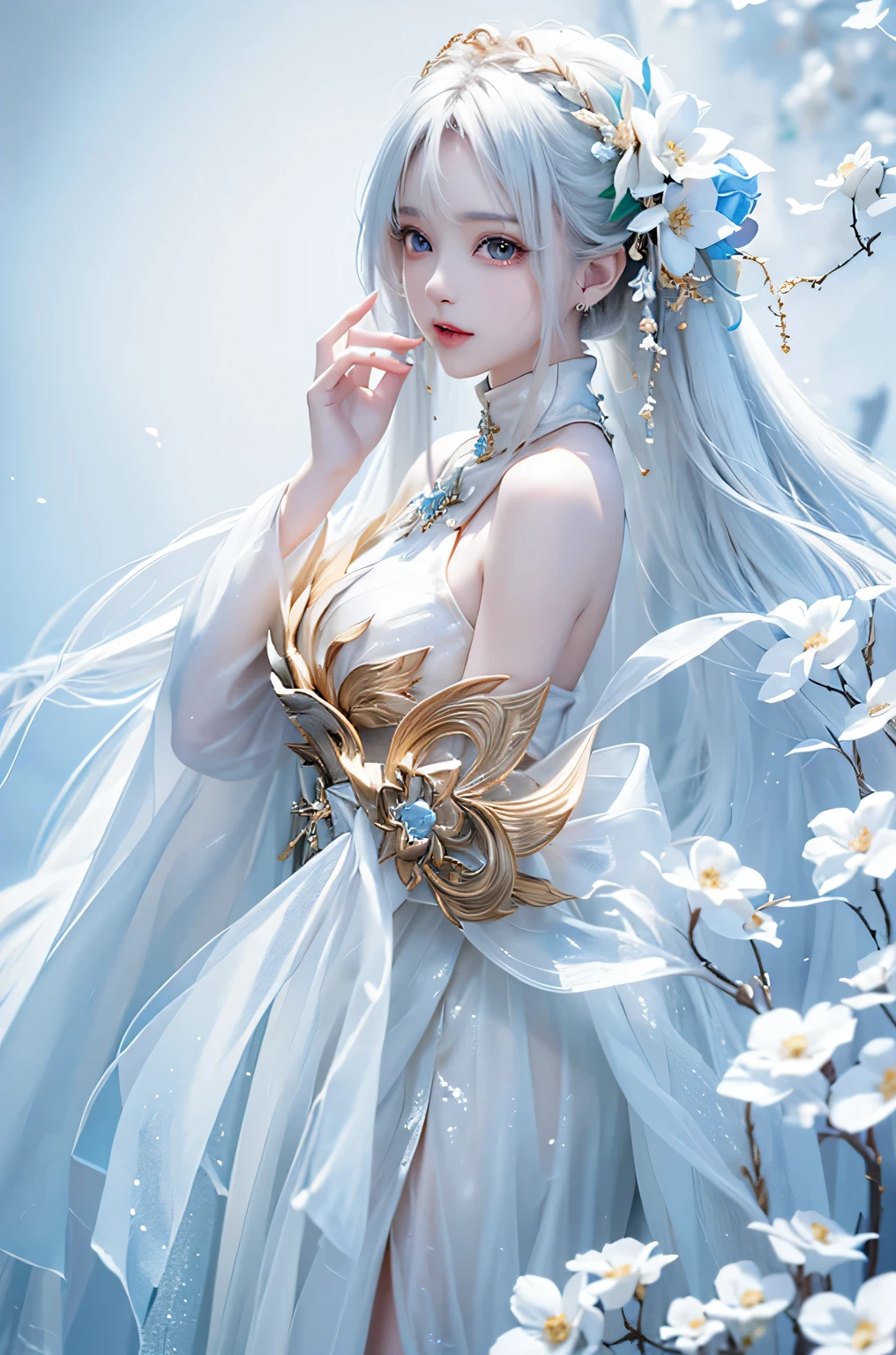 ((From the waist up))((masterpiece:1.5、8k、Portraiture、Photorealistic and very detailed CG、Very detailed、Particle Effects、Dynamic Effects、Written boundary depth、Cinematic Light、Lens flare、Ray Tracing、Tabletop、Realistic:1.4、超A high resolution:1.2、Realistic、Realistic))((alone、,Woman in turtleneck dress:1.4、Model-like pose:、Side bust、Ample breasts、Detailed face、brightexpression、young, bright, Whiter skin、Best Looks、Ultimate beauty、White hair with shiny highlights:1.8、bright and shiny hair,、Super long, Silky straight hair、Hair swaying in the wind))(Wonderful transparent flower々Surrounded by、White Background、Great background、Thin petals fluttering down)