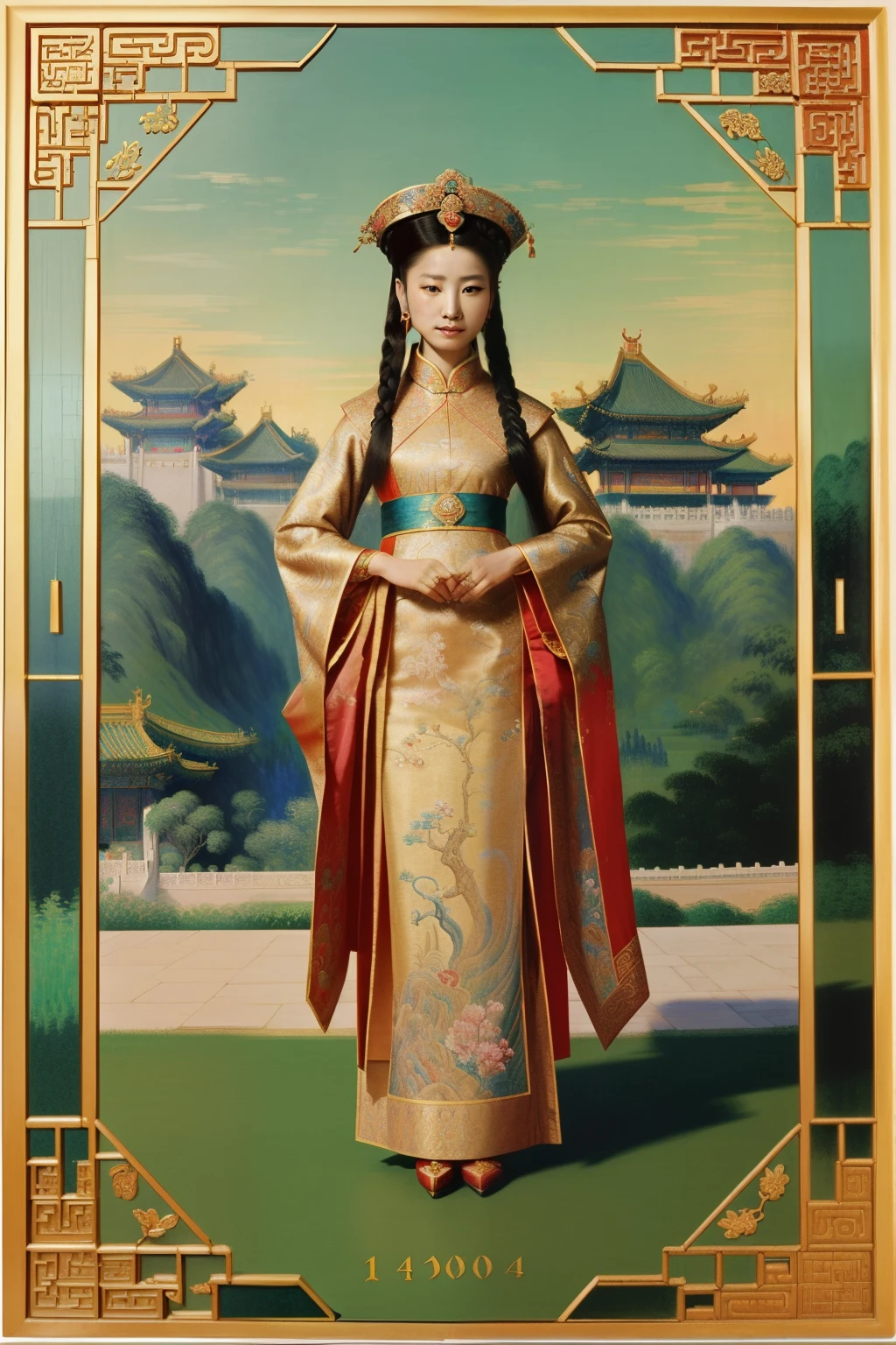 China, 1491. A young ((Zhang Empress)), elegant, majestic, in a bright and clear luxurious palace, mosaic, glass, jewels, ((((chinese royal clothings from the 1490s)))), ((hairstyle of the 1490s)), ((colorful, Monet))