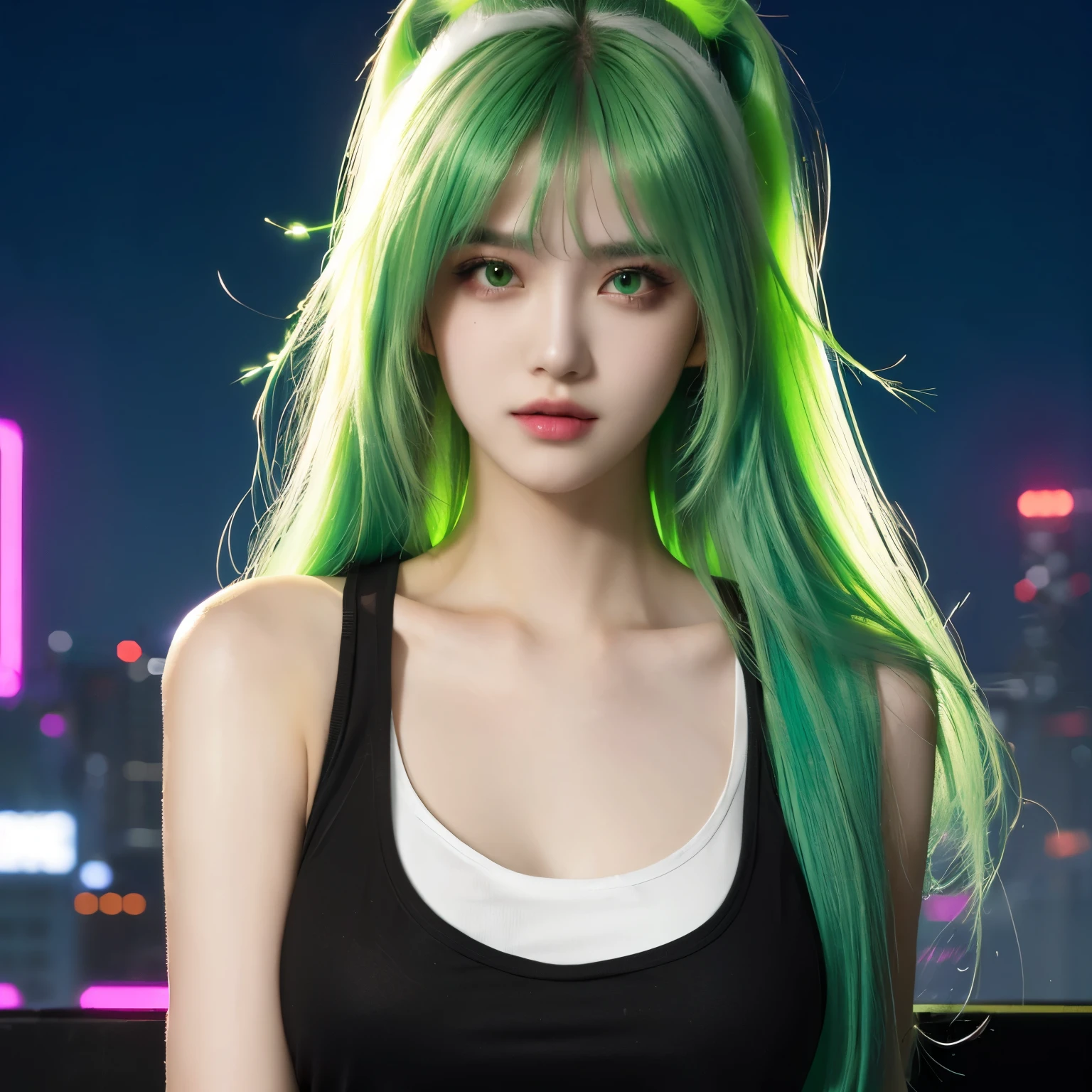 neon city, long hair, cyber punk, school girl, green hair, Beautiful collarbone, white tank top