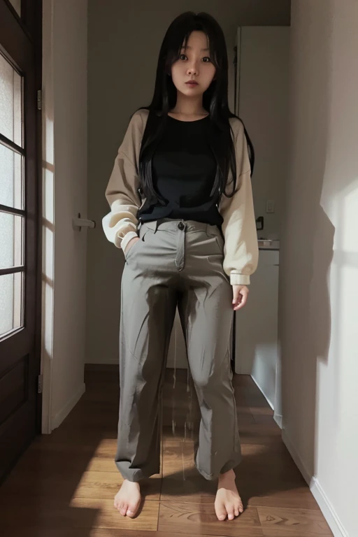 Japanese Girl sees the ghost and pees her gray culotte pants in fright.