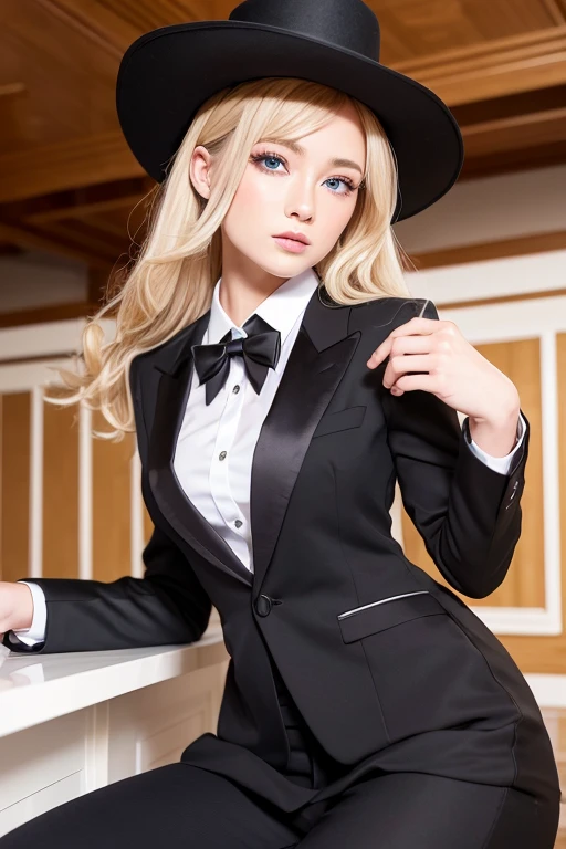 masterpiece, highest quality, Very detailed, 16k, Ultra-high resolution, Cowboy Shot、Detailed face、Perfect Fingers、20-year-old woman、a beautiful woman dressed as a man 、blue eyes、Slanted Eyes、blonde、short hair、Black Top Hat, Black tuxedo、Red bow tie、Black slacks、bar counter、Take a seat、tilt one's head, suit thug