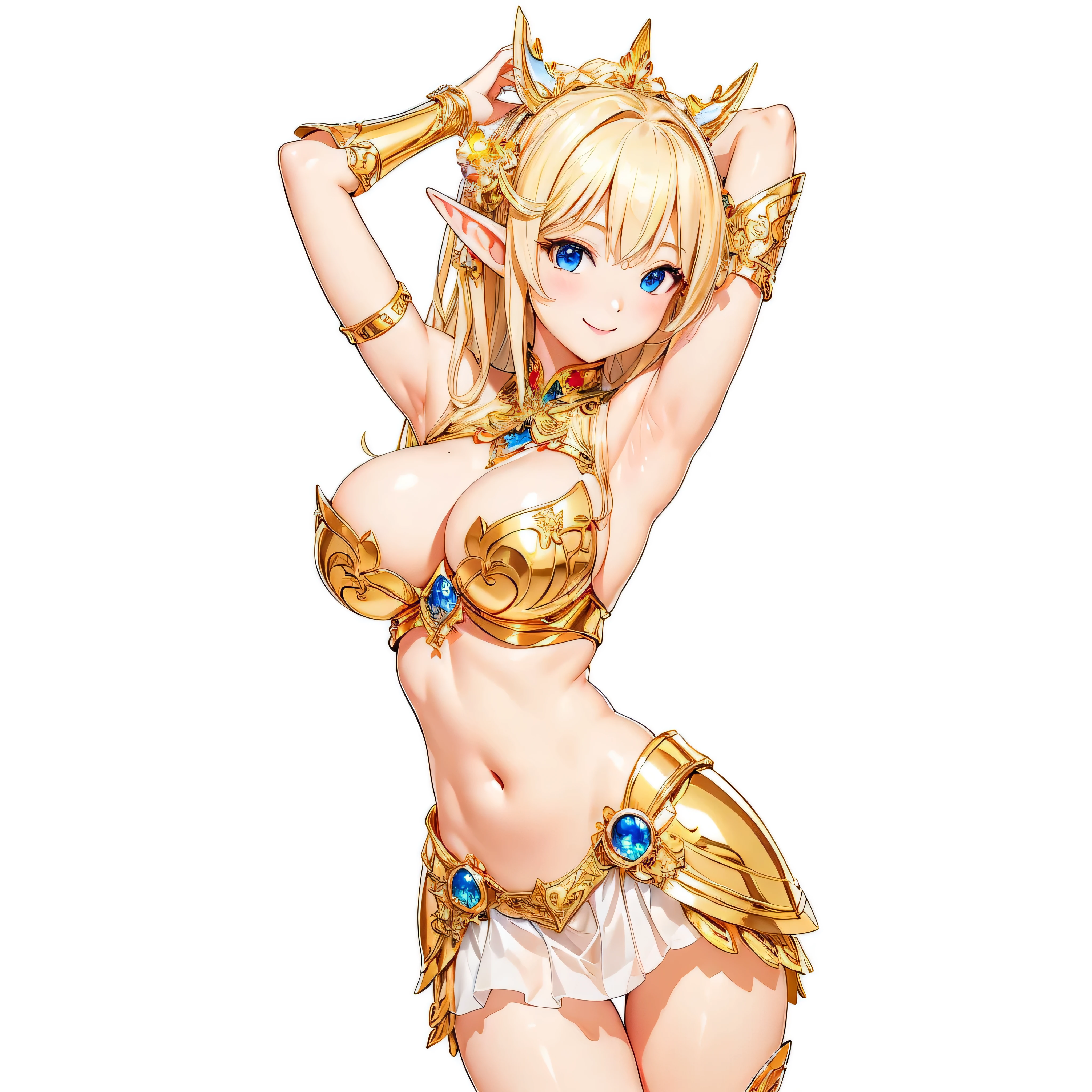 highest quality、Very detailed、High resolution、16k、Thin contours、Elf with long ears、I can see her nipples、Shining golden armor、Golden Bikini Armor、Very big 、Very big 、Very transparent white skirt、Boob Proportion、Smile of the Goddess、Elf girl、Very white skin、Beautiful fingers、Perfect Style、Elf、No bra、Blonde hair and blue eyes、Cool smile