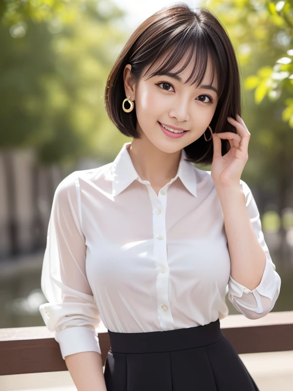 (masterpiece)、(highest quality:1.5)、(16k wallpaper:1.2)、(Photorealistic:1.2)、(Ultra-detailed:1.2)、(Surreal), (High resolution), (Very detailed), (Professional), (Realistic), (Post-processing), (Very detailed),(Sharp focus), Sharp focus:1.2,Photorealistic, Ultra-realistic, Backlight, (Improvement of quality:1.4), Healthy thighs、Narrow waist、Big Ass、(Beautiful legs)、((Perfectly detailed five-fingered hands)),(Anatomically correct body)、((1 female:1.4))、Japanese、Asian、Realistic Skin、(Small chest:1.4),Pretty woman with perfect figure:1.4,(from the front:1.5), (Enhances the beauty of skin texture:1.1), (Beautiful fine details), (Detailed face),Beautiful realistic face,No makeup、美しいBlack Hair、The best smile、Natural color lip、(Small Mouth:1.2)、(Oval Face)、Even bangs、Hide eyebrows with bangs、((29-year-old woman))、Bob Hair、Hair blowing in the wind, (Black Hair, Iris, Watery eyes, Shining Eyes, Short bob cut hair, Small earrings,), Hair behind the ear、No makeup、(Drooping eyes)、Drooping eye corners、Professionalのカメラマンが撮影した写真,1 girl, Cute Smile.whole body、(((One lovely woman)),((A big friendly smile)),(( Small breasts,Small breastsの谷間)),((((Plump Cheeks)))), (((Wearing a tight white collared shirt,Flared skirt,High heels))),((whole body:1.3))、