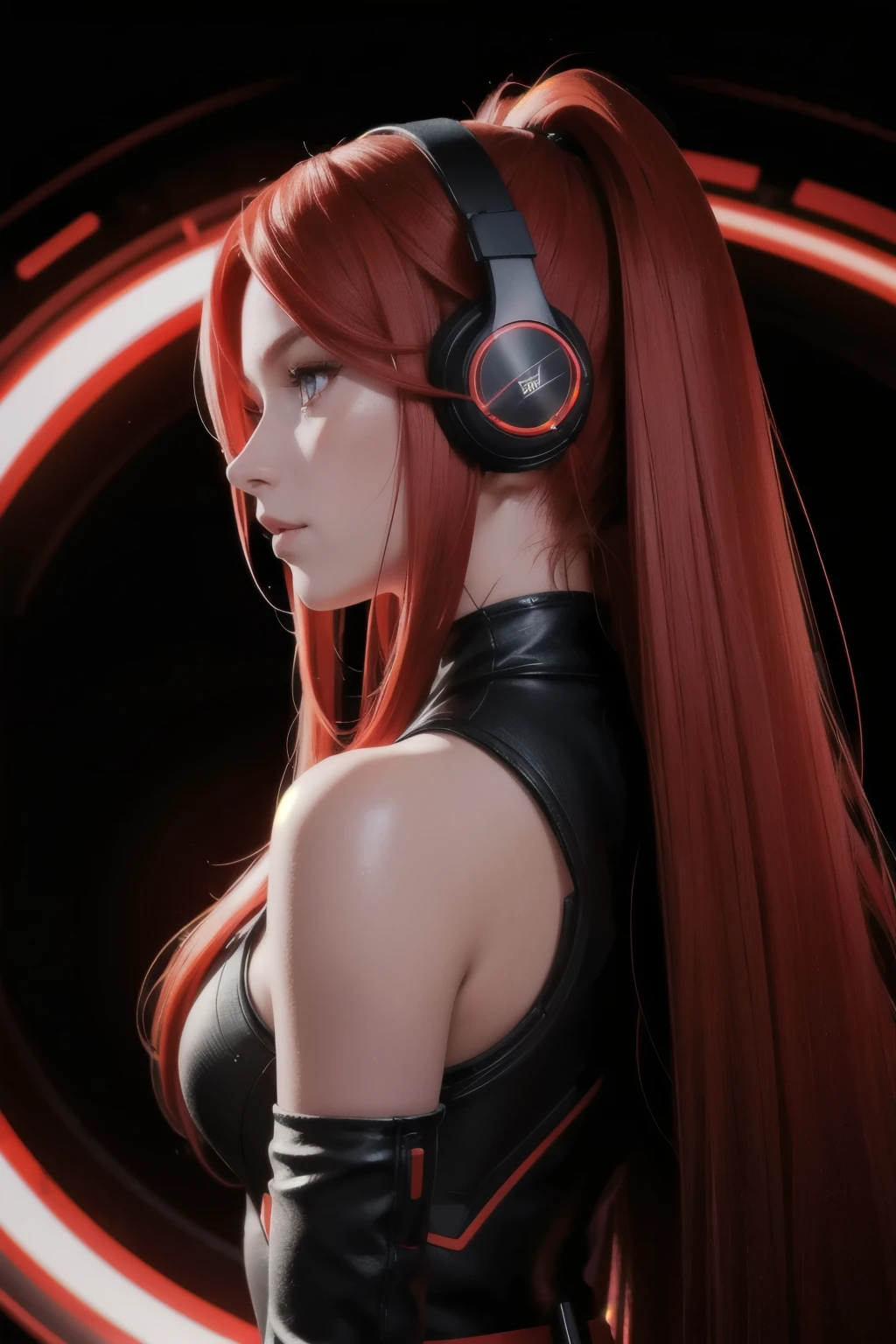 girl with long red hair, red eyes, futuristic vibes, side profile view, headphones, 8k, high quality, simple background, glowing eyes, nice pose
