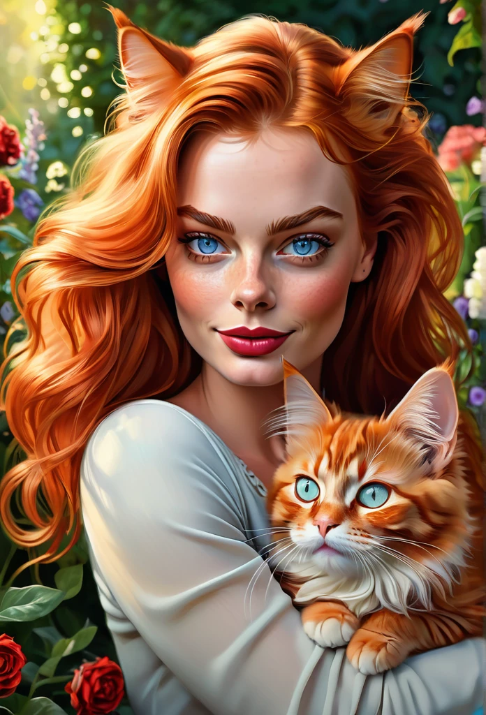 red-haired [Harley Quinn:Margot Robbie:0.1] with a full sized  red mainecoon cat, (best quality, masterpieces, ultra-detailed), beautiful detailed eyes, beautiful detailed lips, longeyelashes, vibrant colors, illustrative style, oil painting texture, flowing red hair, cozy garden background, soft sunlight, lively expression, joyful interaction with the cat, dynamic pose, realistic rendering.