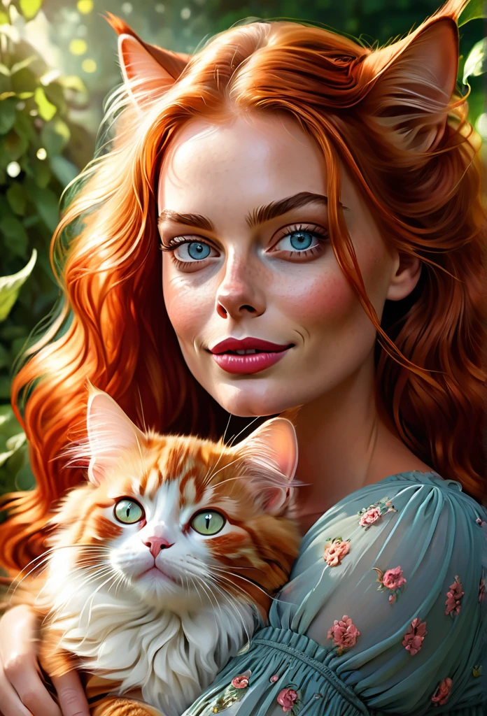 red-haired [Harley Quinn:Margot Robbie:0.1] with a full sized  red mainecoon cat, (best quality, masterpieces, ultra-detailed), beautiful detailed eyes, beautiful detailed lips, longeyelashes, vibrant colors, illustrative style, oil painting texture, flowing red hair, cozy garden background, soft sunlight, lively expression, joyful interaction with the cat, dynamic pose, realistic rendering.