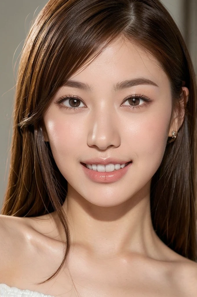 highest quality, Realistic, Realistic, Very detailed, Very delicate and beautiful, RAW Photos, Professional Lighting, Facial lighting, Depth of written boundary, Single focus, whole body, Brown Hair, , Brown eyes, Small Head, (((big)), Stylish girl, Beautiful Eyes, True Face, Real Skin, Realistic face, Realistic skin, Fine grain, (Fashionable hairstyles: 1.3) Dynamic pose, Audience, Detailed expression of face and chest, 18-year-old female, smile, Movie angle
