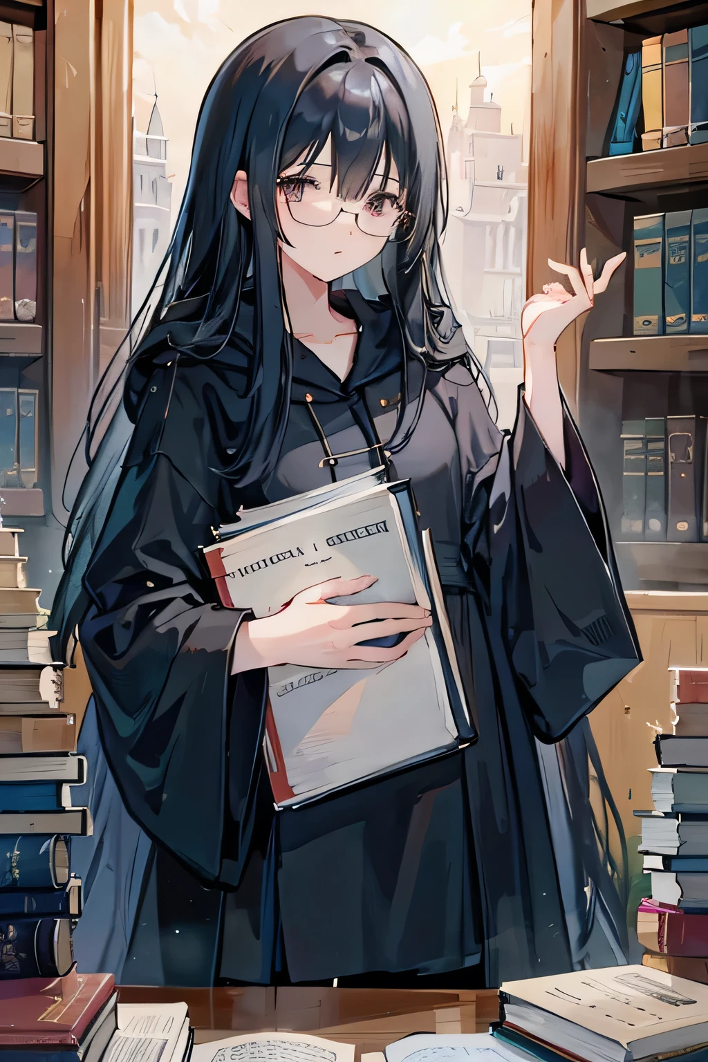 Black hair, black robe, glasses, a long-haired girl, books