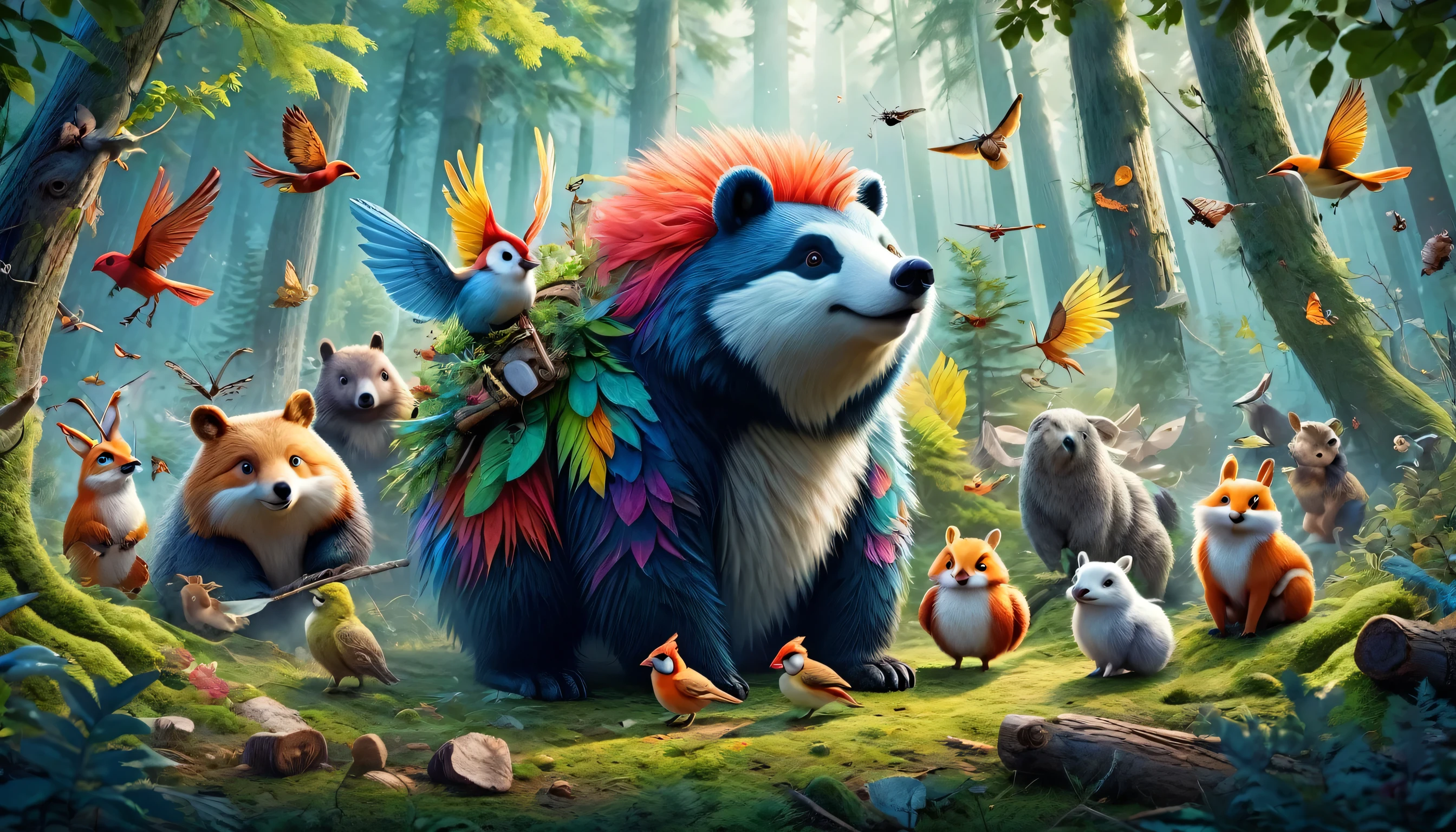 An engaging and colorful illustration of a group of brave animals working together to outsmart humans trying to destroy their forest home. The animals are organizing protests, spreading awareness through posters and banners, and enlisting the help of woodland friends like birds, insects, and friendly forest spirits. The scene is lively and fun, showcasing each animal's unique skills and talents as they unite to save their beloved forest.