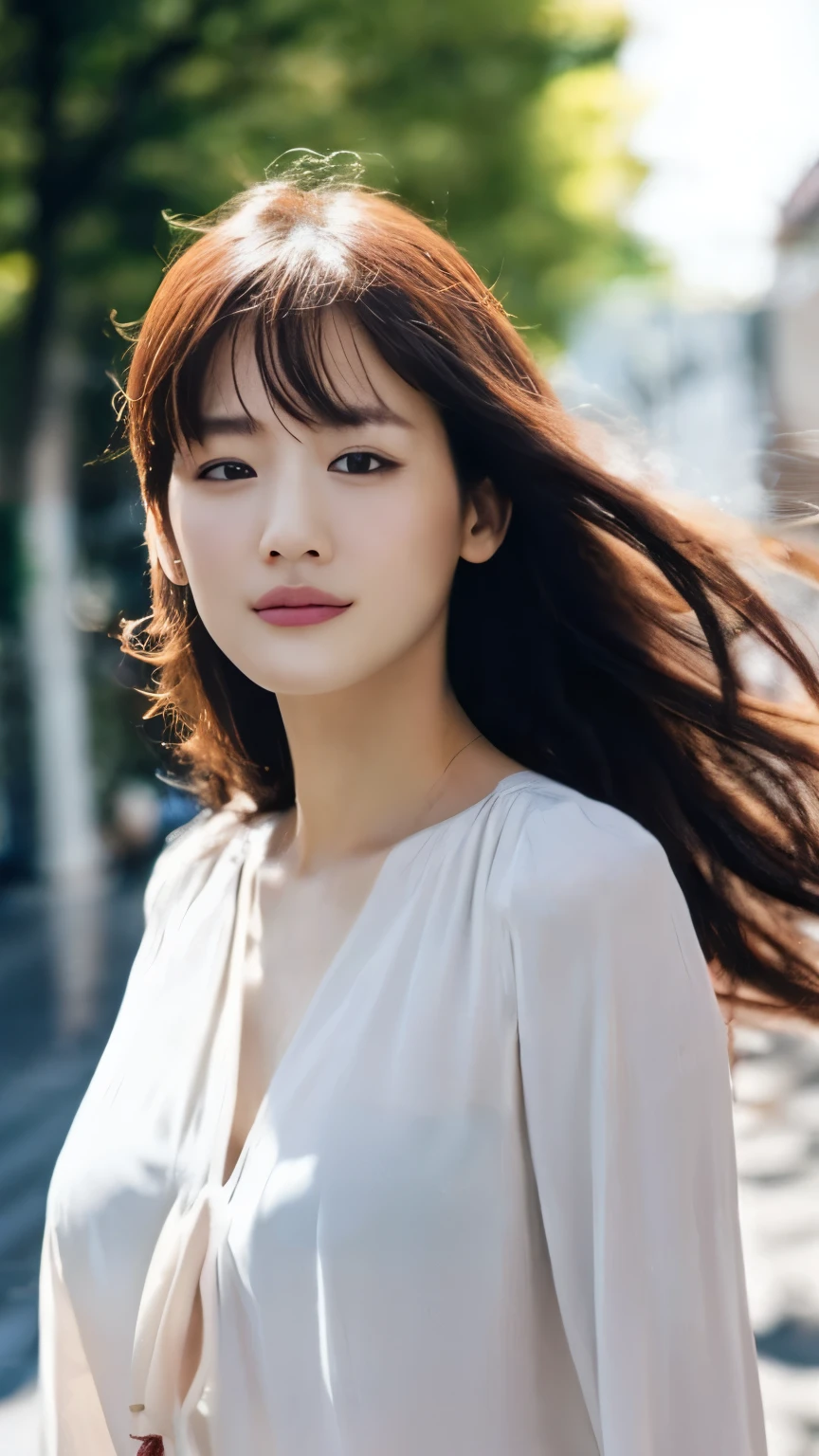 highest quality, One girl, (Skin Hollow), (Medium chest), (Day), bright, Background Blur, Outdoor, (street:0.6), (hair:1.5), (blouse:1.5), nice, (hair Float:1.5), Soft Light, Wind, garden, street