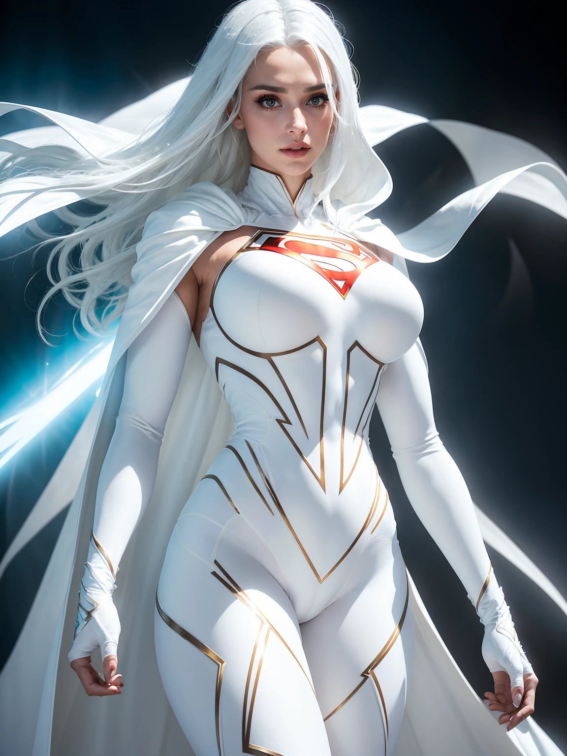 A 25-year-old girl with white hair in an elaborate long-sleeved Superman costume in white, covering the whole body, Vivid colors, dramatic lighting, white capelet , White Superman Costume, Suit with white carbon fiber details, (intricate details:0.9), (HDR, hyper-detailing:1.2), (natural skin textures, hyper realisitc, soft light, Sharp, (Thick thighs:1.2)