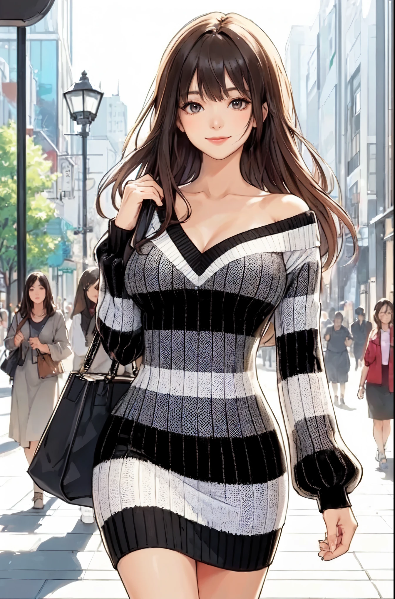 1lady solo, (strolling through city), (stylish outfit), (knit dress) (black and white theme), mature female, /(dark brown hair/) bangs, kind smile, (masterpiece best quality:1.2) delicate illustration ultra-detailed, large breasts BREAK (holding designer's bag) BREAK (populous downtown) outdoors, shopping street, crowded, noon, detailed background
