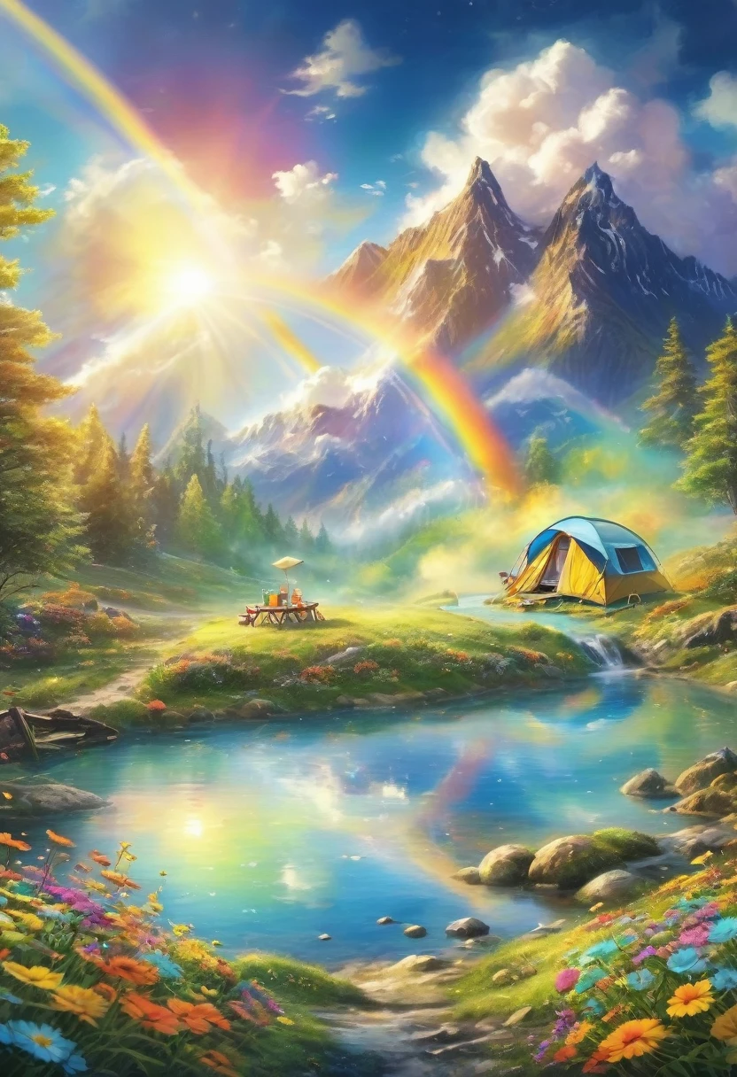 best quality, masterpiece, Camping outdoors in a furry dream world, It feels like being on a carpet of colorful clouds, smile sunshine, Rainbow, fantasy