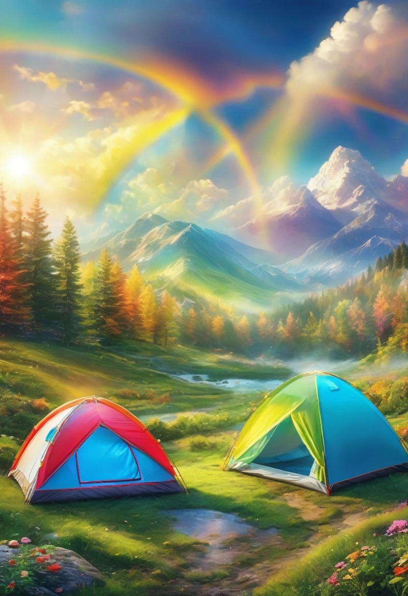 best quality, masterpiece, Camping outdoors in a furry dream world, It feels like being on a carpet of colorful clouds, smile sunshine, Rainbow, fantasy