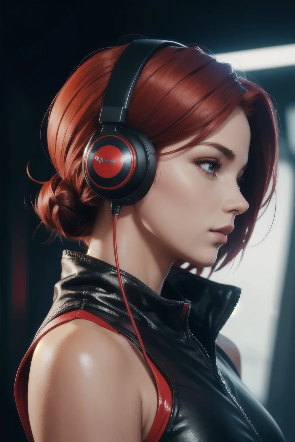 girl with low cut red hair, red eyes, futuristic vibes, side profile view, headphones, 8k, high quality, simple background, glowing eyes, nice pose