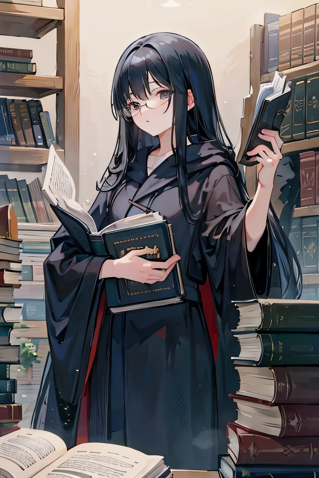 Black hair, black robe, glasses, a long-haired girl, books