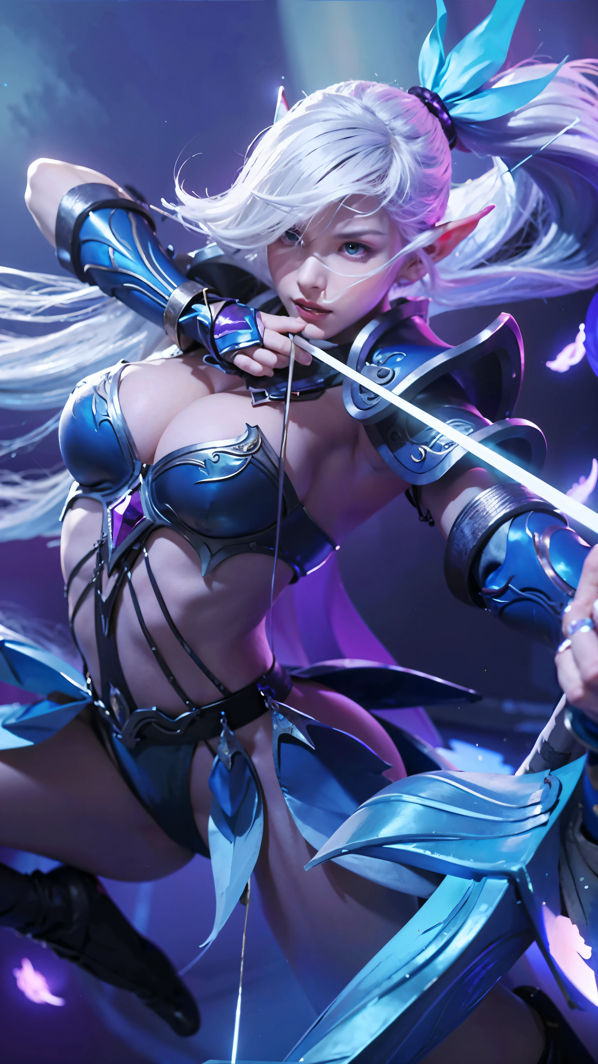 The image portrays a female character with long, flowing white hair and pointed ears, suggesting an elven or fantasy theme. She is dressed in armor that has a blue and purple color scheme, with intricate designs on the chest piece and gauntlets. Her attire also includes a skirt-like garment with frills at the bottom. The character is holding a bow, drawing it back to fire an arrow, indicating action or combat. The background is a gradient of dark purple and black, which contrasts with her vibrant armor and highlights her as the central figure in the image. (best quality, 4k, 8k, highres, masterpiece:1.2), (realistic, photorealistic, photo-realistic:1.37) 