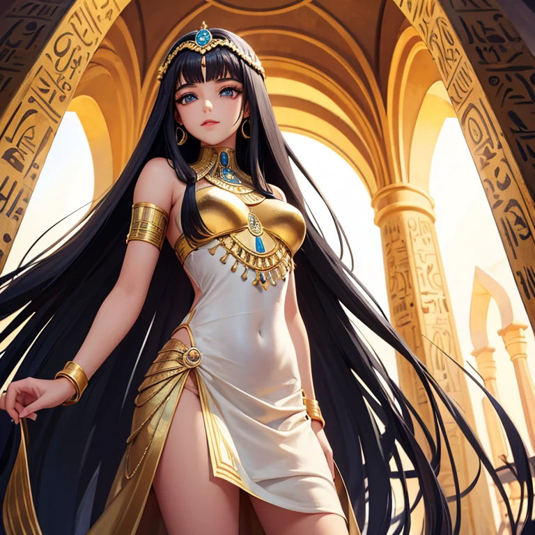 Egyptian princess in short dress, olhos castanhos claros, cabelos negros