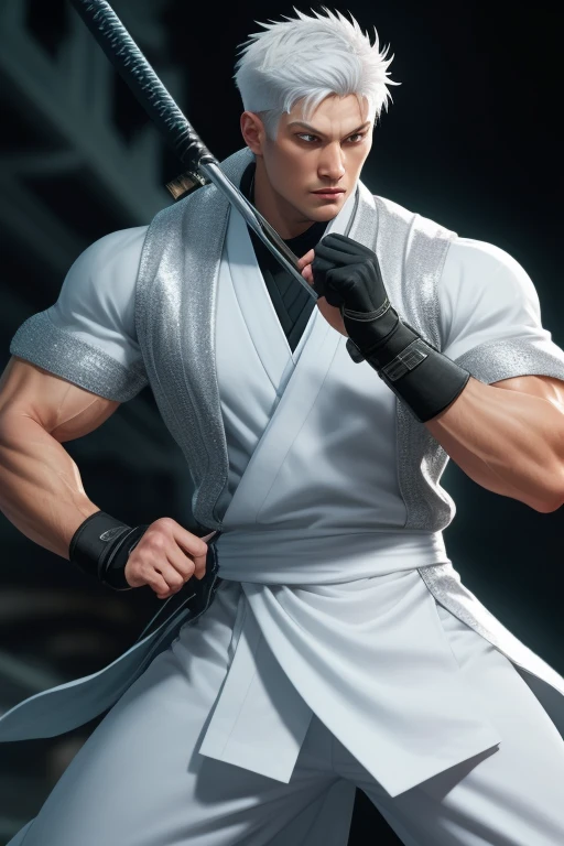 best quality,masterpiece,Ultra high detail,A handsome muscular man,Short white haired Fractal Jack Frost, as a ninja assassin. Wearing white and silver.in action
