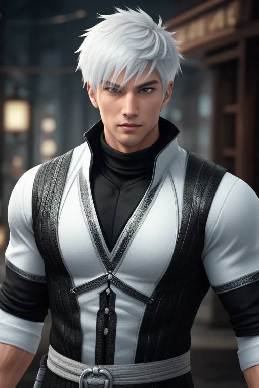 best quality,masterpiece,Ultra high detail,A handsome muscular man,Short white haired Fractal Jack Frost, as a ninja assassin. Wearing white and silver.in action