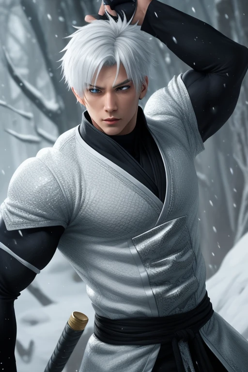 best quality,masterpiece,Ultra high detail,A handsome muscular man,Short white haired Fractal Jack Frost, as a ninja assassin. Wearing white and silver.in action 