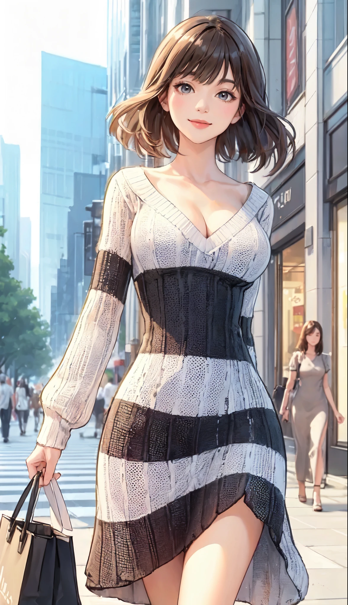 1lady solo, (strolling through city), (stylish outfit), (knit dress) (black and white theme), mature female, /(brown hair/) bangs, kind smile, (masterpiece best quality:1.2) delicate illustration ultra-detailed, large breasts BREAK (holding designer's bag) BREAK (populous downtown) outdoors, shopping street, crowded, noon, detailed background