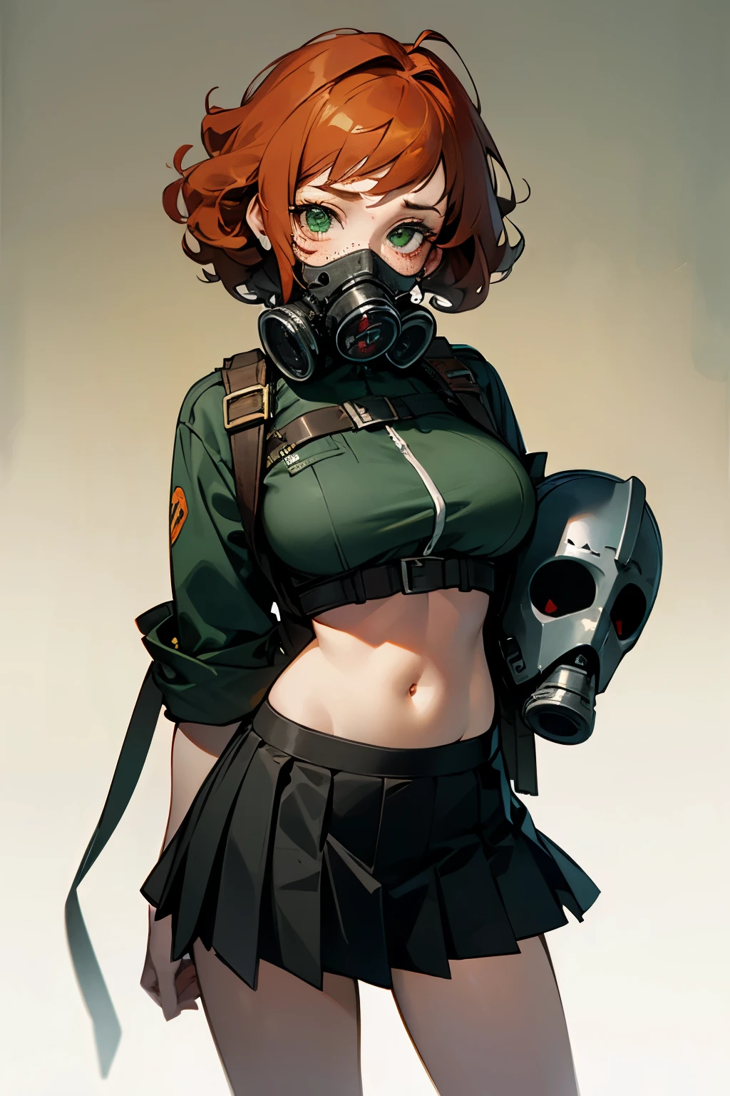 Girl, short curly ginger hair, green eyes, freckles wearing a gas mask, big breasts, exposed stomach, short skirt, (masterpiece:1.2, best quality), noir, dark desolate, (masterpiece:1.2, best quality), 1girl, 18yo, curly ginger hair, freckles, wearing gas mask, noir, dark desolate, anime minimalist, watercolor, black skirt